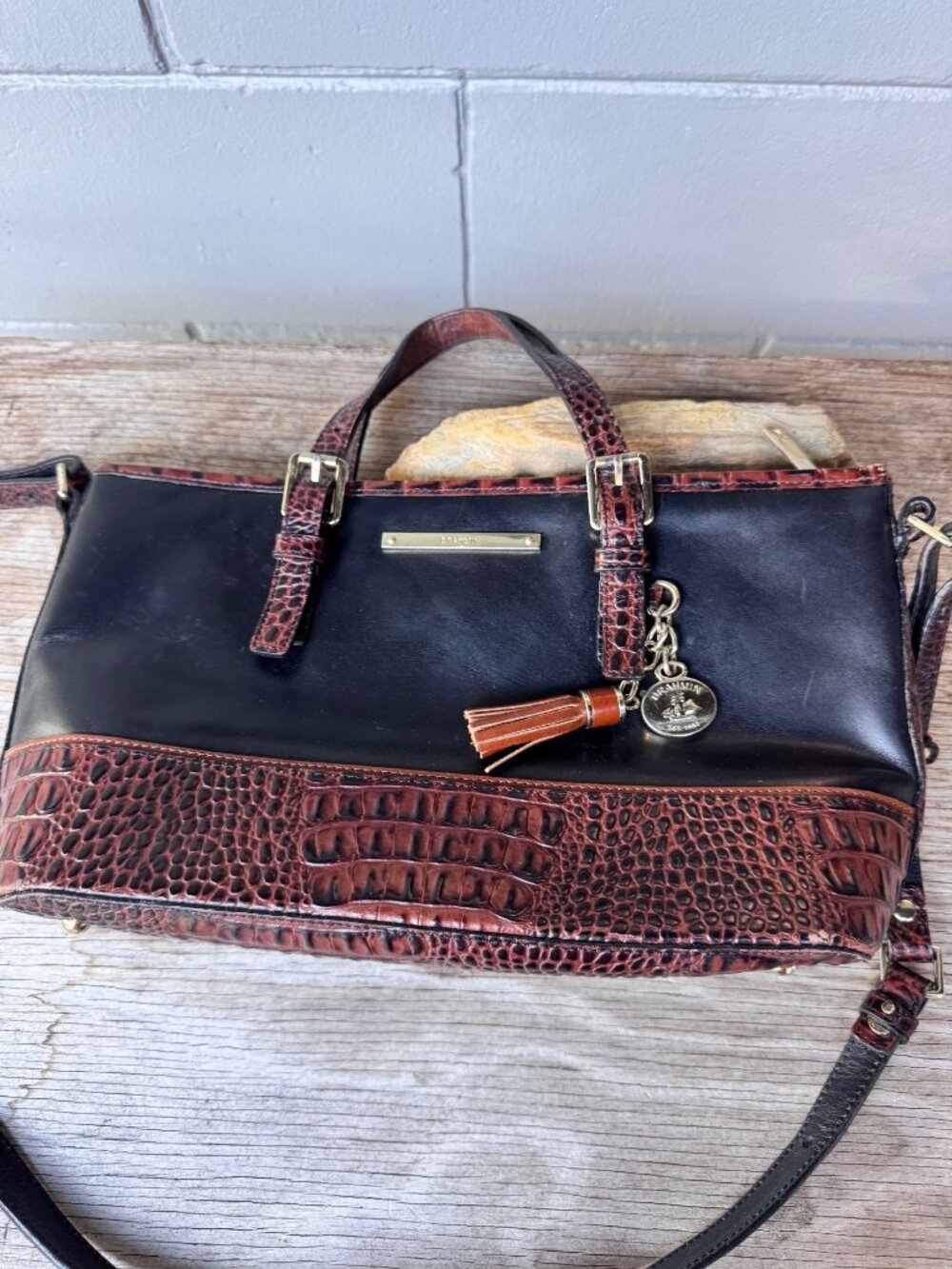 Brahmin Leather Satchel Shoulder Crossbody Bag Black Brown Croc Embossed Zip Top